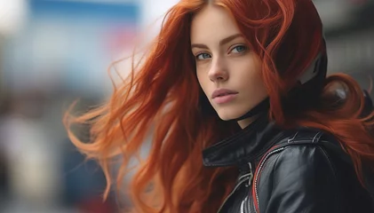Foto op Plexiglas Beautiful red-haired young woman biker next to a motorcycle in the city close-up © Daria17