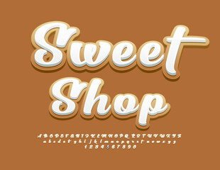 Vector artistic sign Sweet Shop. Tasty biscuit Font. Sugar glazed Alphabet Letters and Numbers set