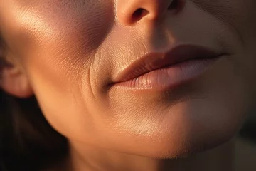 Foto op Canvas Perfect mature age females lips without makeup.  Macro photo with beautiful female mouth in the light of sunset. Plump full lips. Close-up face detail. Perfect clean skin with a few wrinkles © Irina