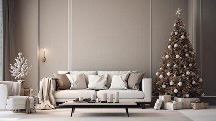 A modern living room with minimalist Christmas decor, featuring a sleek tree with white lights and silver ornaments against a neutral backdrop.
