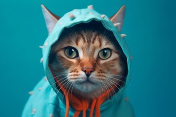 serengeti cat wearing a squid costume against a tropical teal background