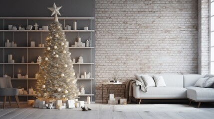 A modern Scandinavian living room with a minimalist Christmas tree adorned with simple white lights and ornaments.