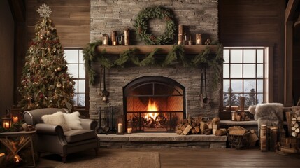 A nature-inspired living room with rustic Christmas decorations, including pinecone garlands, wooden ornaments, and a cozy fireplace.