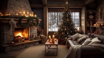 A nature-inspired living room with rustic Christmas decorations, including pinecone garlands, wooden ornaments, and a cozy fireplace.