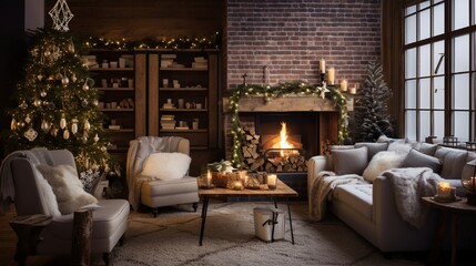 A nature-inspired living room with rustic Christmas decorations, including pinecone garlands, wooden ornaments, and a cozy fireplace.