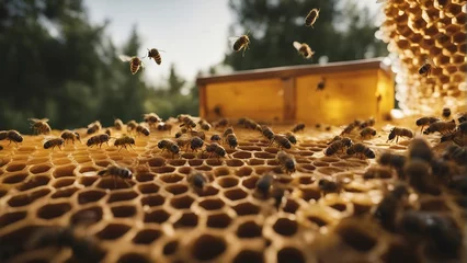 Foto auf Acrylglas hundred of bees producing honey on honeycombs  © abu