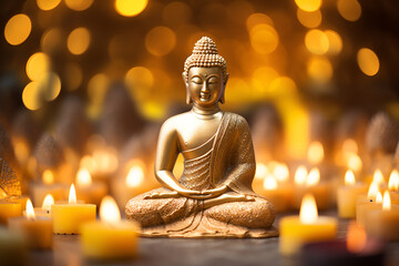 Buddha statue among candles, blurred background 1