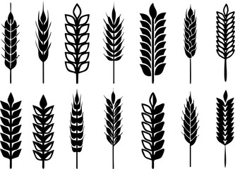Wheat barley ears, oat isolated wreaths. Grains graphic, rice or malt icons. Gluten pictogram, cereal silhouette agriculture symbols. Product packing print idea Gluten free.
