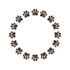 Cute cat paw print frame. Dog paw print circle frame. Pet foot trail border. Simple doodle drawing. Vector illustration isolated on white background.