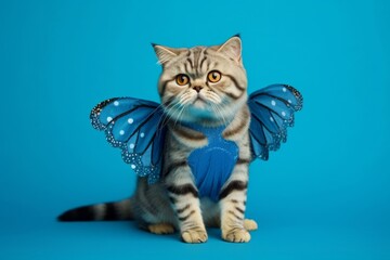 Obraz premium scottish fold cat wearing a butterfly costume against a sapphire blue background