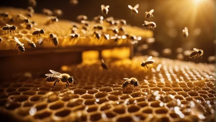 Tafelkleed hundred of bees producing honey on honeycombs  © abu