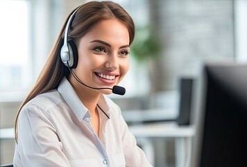 customer service, attractive woman works in a call center and communicates with a client using a headset while sitting at a computer in office