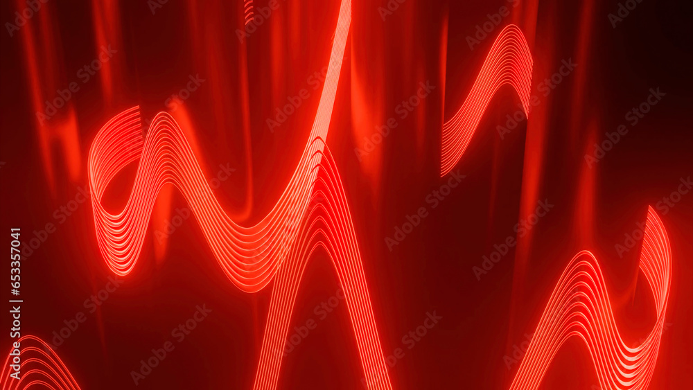 Poster abstract red background with wavy radio lines. design. high wave amplitude.
