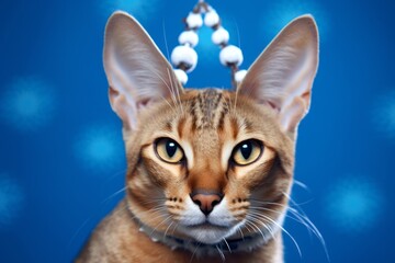 Obraz premium ocicat cat wearing a reindeer antlers headband against a sapphire blue background