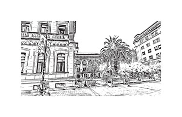 Building view with landmark of San Sebastian is the city in Spain. Hand drawn sketch illustration in vector.