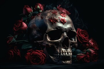 Gothic skull with smoke decorated with beautiful red roses. Death bouquet - obrazy, fototapety, plakaty