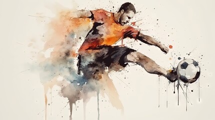 Watercolor style soccer player kicking ball, motion scene. Sport, healthy lifestyle, outdoor activities. - obrazy, fototapety, plakaty
