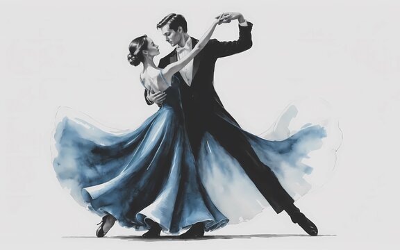 Illustration of a dancing couple in a dynamic modern ballroom dance. Illustration in black and blue colors on a white background, generative ai
