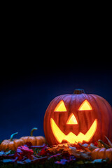 A pumpkin carved into a smiling Jack O Lantern sitting in the grass with small pumpkins and fallen leaves as a Halloween decoration. 