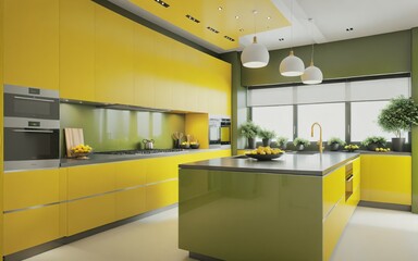 Modern kitchen interior in green and yellow