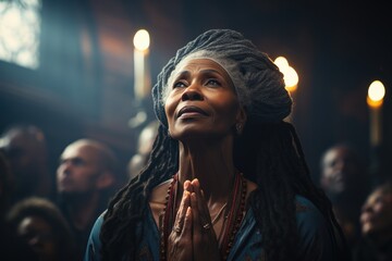 old black woman praying to God in church - obrazy, fototapety, plakaty