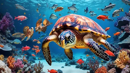Fototapeten "Underwater Wonderland: Turtle Among Colorful Fish, Sea Animals, and Vibrant Coral in the Ocean" © Tapos