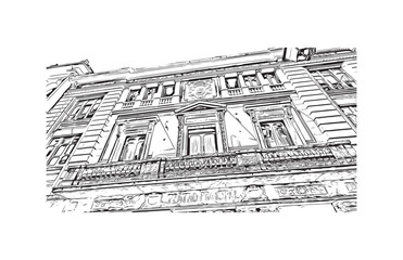 Building view with landmark of San Sebastian is the city in Spain. Hand drawn sketch illustration in vector.