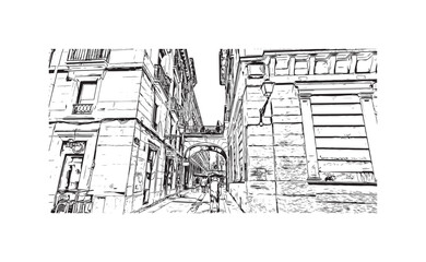 Building view with landmark of San Sebastian is the city in Spain. Hand drawn sketch illustration in vector.