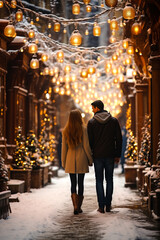 Fototapeta na wymiar Happy young couple, a man and a woman are walking along a winter snowy street decorated with Christmas golden garlands. Christmas and New Year winter weekend. Back view. Vertical