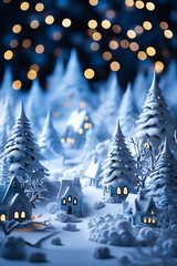 Magical Christmas blue white winter composition with a snowy forest, toy houses, golden garlands. New Year vertical postcard