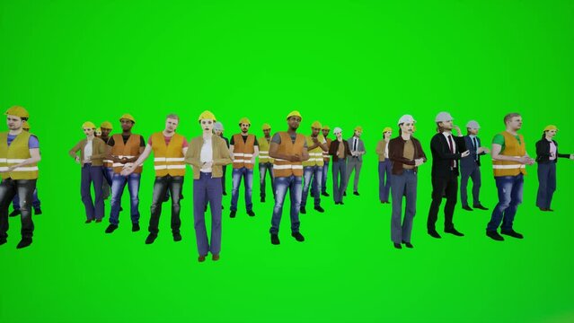 3D animation of the engineers' protests in the complex standing in the green screen of chroma key
