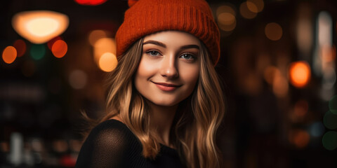 Close-up Portrait photography of a joyful Girl in his 20s 25s wearing a warm knit Red Hat against a cozy Interior Background with Christmas Lights