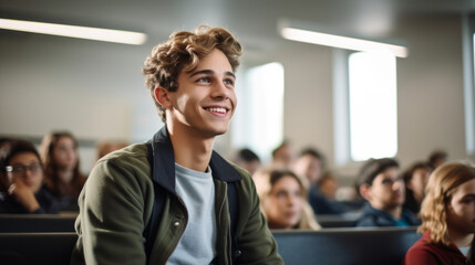 A male student sits in a university classroom looking away and smiling. A man sits in a lecture in a high school class - obrazy, fototapety, plakaty