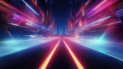 Fototapeta na wymiar Illustration of night city neon digital road lights with long exposure