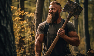 portrait of beard lumberjack looking like a viking and holding an axe