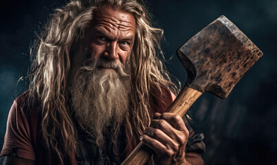 portrait of beard lumberjack looking like a viking and holding an axe