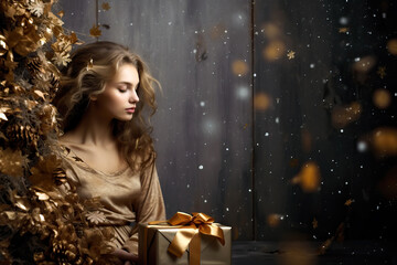 Beautiful woman dressed up for Christmas with gift box. Golden Christmas and Happy New Year concept.