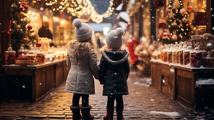 Two Toddler Children Boy Girl Standing Christmas Market looking at Christmas Market Snow Atmospheric Lights Winter Season Holidays - obrazy, fototapety, plakaty