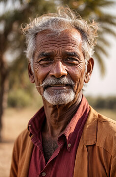 A Portrait Of A Poor Devoted Farmer Man, An Asian Man Who Is A Poor Lonely Elderly Farmer Employee On A Rural Village In The Sunlight, A Grandfather, Generative AI