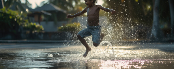 happy kid having fun with water, splash water - obrazy, fototapety, plakaty