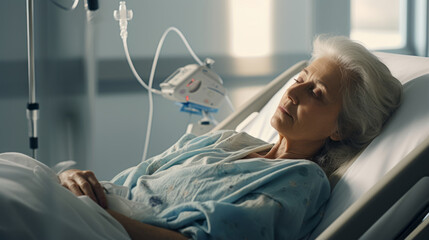 Sick patient woman in hospital bed recovering from illness while lying on hospital bed with iv drip in hand - obrazy, fototapety, plakaty