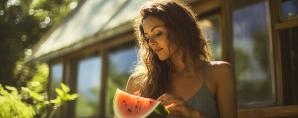 beautiful young woman is eating a fresh water melon
