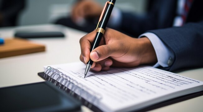 person signing a document, person writing on a notebook, close-up of bussinessman hand writing on a notebook with pen, person writing with pen
