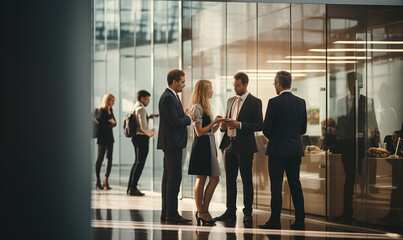 Business people talking during coffee break standing in glass hall of office building - obrazy, fototapety, plakaty
