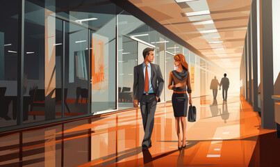Obraz premium Business people talking during coffee break standing in glass hall of office building