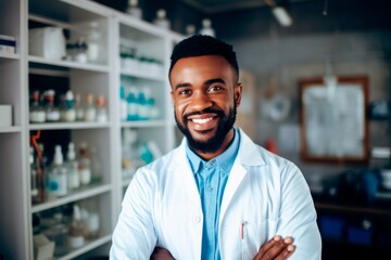 Fototapeta na wymiar male pharmacist in smiling wearing white coat in chemist shop