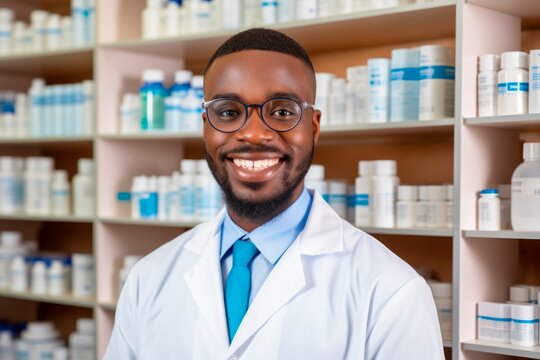 male pharmacist in smiling wearing white coat in chemist shop
