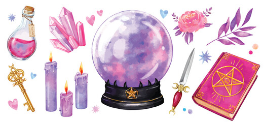 Set of witchcraft items. Collection of mystical witchy magic elements, crystal ball, dagger, potion, candles, celestial crystal. Watercolor Vector illustration of mythical esoteric elements.