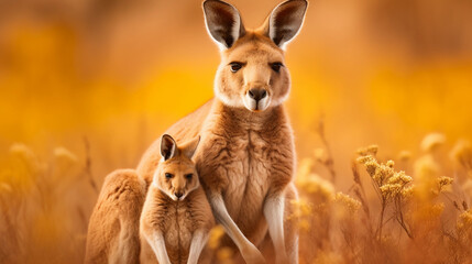 Australian kangaroo with a joey in her pouch, golden savanna, warm tones, maternal mood - obrazy, fototapety, plakaty