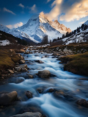 Fototapeta na wymiar mountain stream in the foreground, snow - capped mountains in the background, milky water, soft clouds